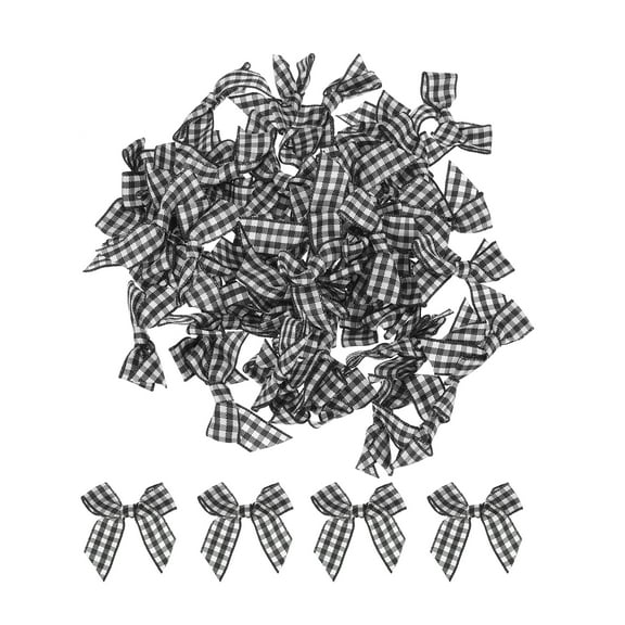 Uxcell 100Pcs Mini Gingham Ribbon Bow 1.5" Checkered Fabric Satin Ribbon Bows for Craft Black and White