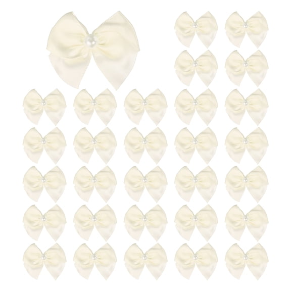 Uxcell 100Pcs Mini Ribbon Bows, Ribbon Flowers Appliques with Pearl for DIY, Beige