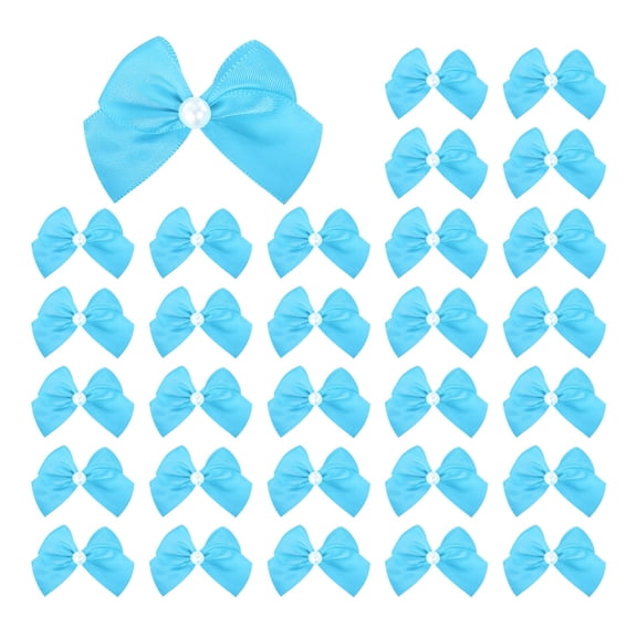 Uxcell 100Pcs Mini Ribbon Bows, Ribbon Flowers Appliques with Pearl for DIY, Blue