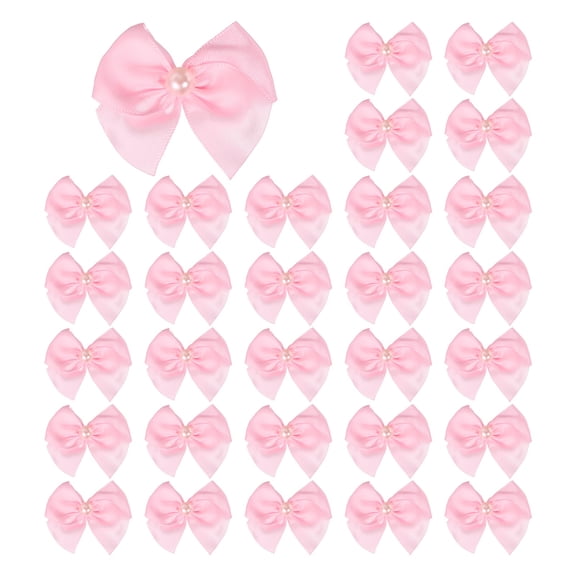 Uxcell 100Pcs Mini Ribbon Bows, Ribbon Flowers Appliques with Pearl for DIY, Pink
