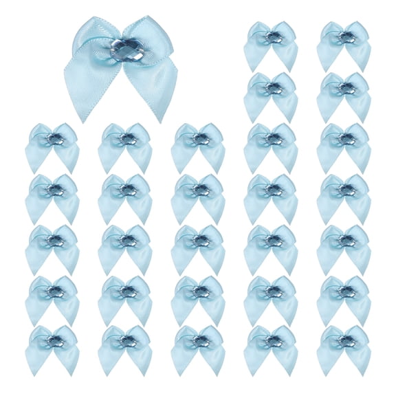 Uxcell 100Pcs Mini Satin Ribbon Bows with Rhinestones,1.38inch Mini Ribbon Flowers Appliques for DIY Christmas Wedding Decor Party Hair Sewing Candy Bags Scrapbooking Gift, Sky Blue