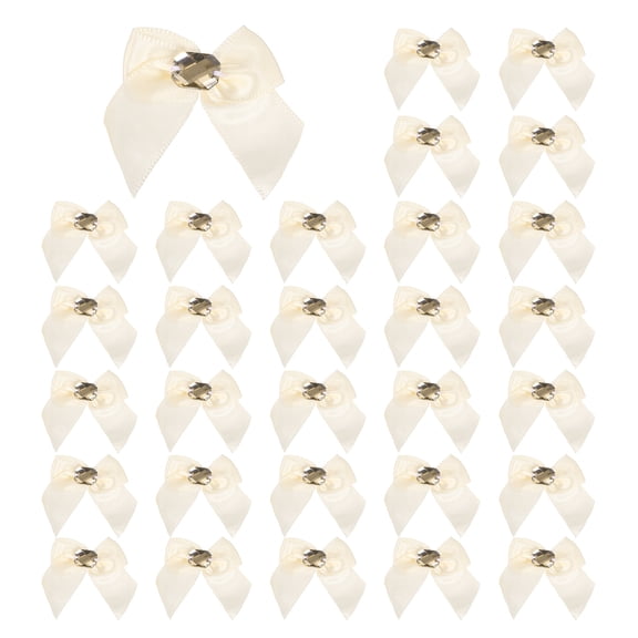Uxcell 100Pcs Mini Satin Ribbon Bows with Rhinestones,1.38inch Mini Ribbon Flowers Appliques for DIY Christmas Wedding Decor Party Hair Sewing Candy Bags Scrapbooking Gift, Beige