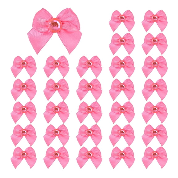 Uxcell 100Pcs Mini Satin Ribbon Bows with Rhinestones,1.38inch Mini Ribbon Flowers Appliques for DIY Christmas Wedding Decor Party Hair Sewing Candy Bags Scrapbooking Gift, Fuchsia