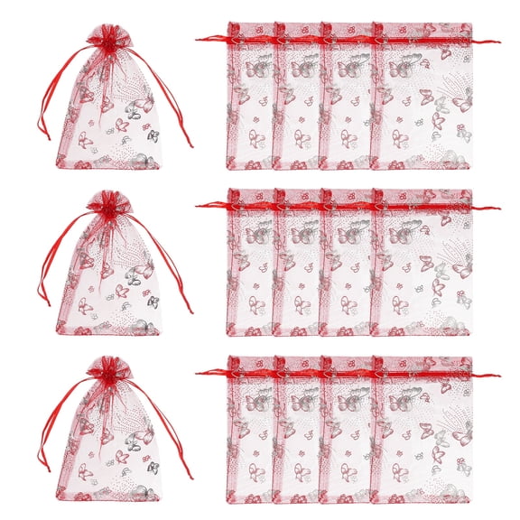 Uxcell 100Pcs Organza Bags, Mesh Candy Pouch with Drawstring Gold Rose Flower Jewelry Gift Bag Red Silver 5.1 x 7 inch