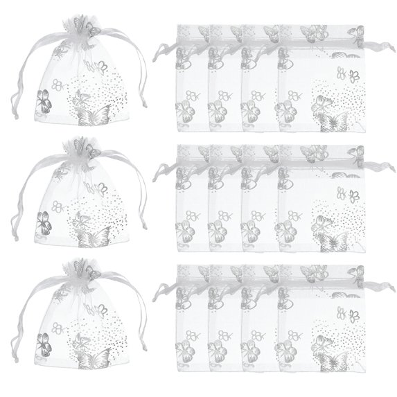 Uxcell 100Pcs Organza Bags, Mesh Candy Pouch with Drawstring Gold Rose Flower Jewelry Gift Bag White Silver 2.8 x 3.5 inch