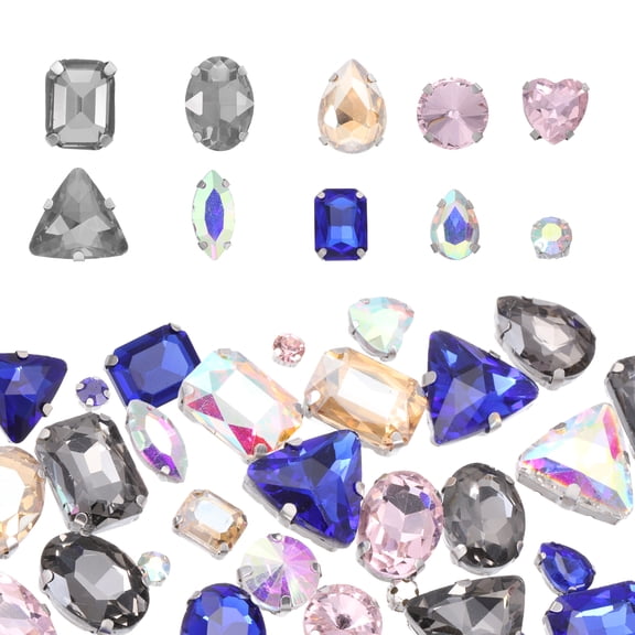 Uxcell 100Pcs Sew on Rhinestones, 7-18mm Mixed Shapes Flatback Glass Crystal Sewing Gems with Silver Claw Prong Setting for Crafts Clothing Shoes Accessories, Blue Tone(Style 1)