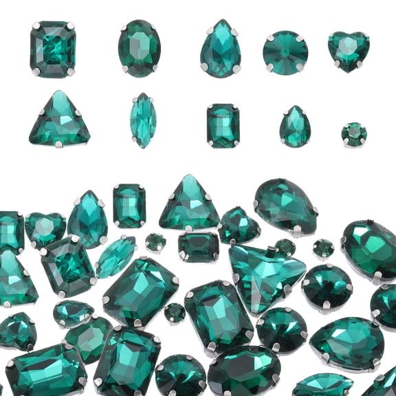 Uxcell 100Pcs Sew on Rhinestones, 7-18mm Mixed Shapes Flatback Glass Crystal Sewing Gems with Silver Claw Prong Setting for Crafts Clothing Shoes Accessories, Green(Style 1)