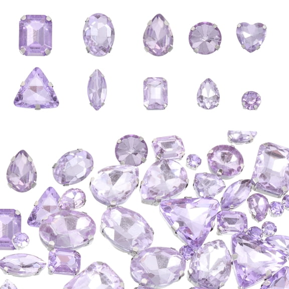 Uxcell 100Pcs Sew on Rhinestones, 7-18mm Mixed Shapes Flatback Glass Crystal Sewing Gems with Silver Claw Prong Setting for Crafts Clothing Shoes Accessories, Lavender(Style 1)