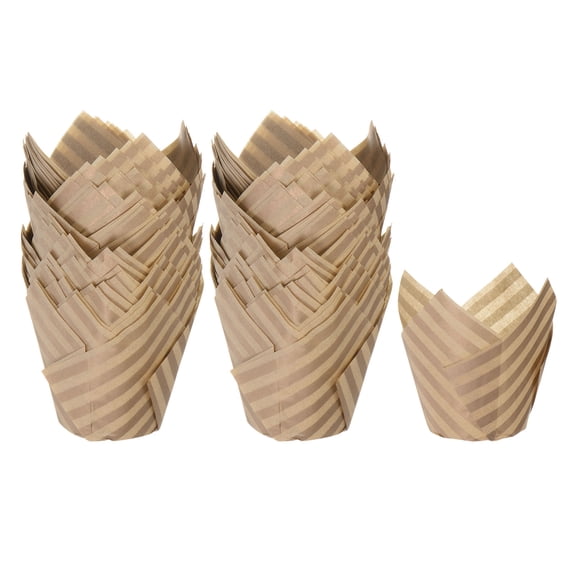 Uxcell 100Pcs Tulip Cupcake Liners Standard Paper Baking Cups Greaseproof Wrapper Disposable Natural with Gold Striped