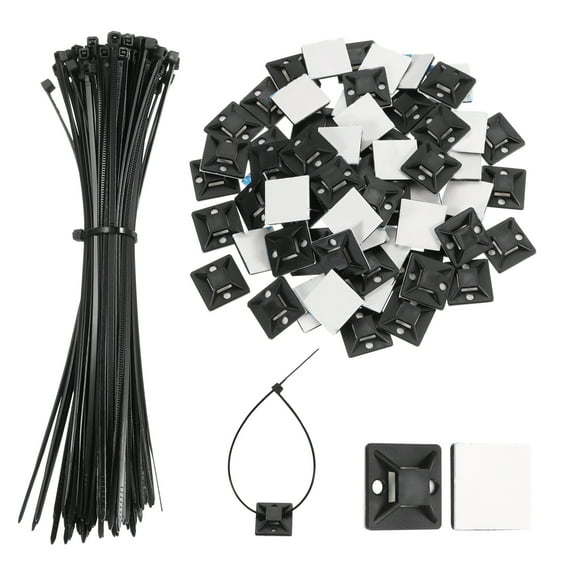 Uxcell 100Set Cable Tie Zip Self Adhesive Mounts Set 6 Inch Nylon Cable Tie, Black