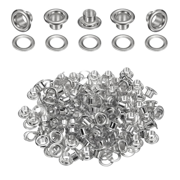 Uxcell 100Set Grommets Eyelets 4.5mm 1/6 Inch Brass Eyelets Kit with Washers for Fabric Curtain Tarps Leather Belt Shoes Bag DIY, Silver