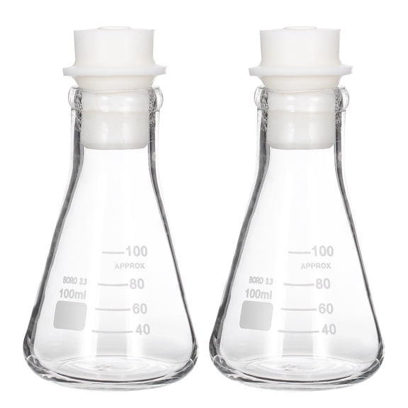 Uxcell 100ml 3.4oz Narrow Mouth Erlenmeyer Flask, 2Pcs 3.3 Borosilicate Glass Conical Flask with Sand Core Silicone Stopper Graduated Flasks Printed Scale for Laboratory, Clear