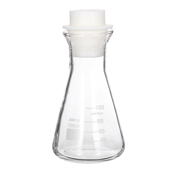 Uxcell 100ml 3.4oz Wide Mouth Erlenmeyer Flask, 3.3 Borosilicate Glass Conical Flask with Sand Core Silicone Stopper Graduated Flasks Printed Scale for Laboratory, Clear