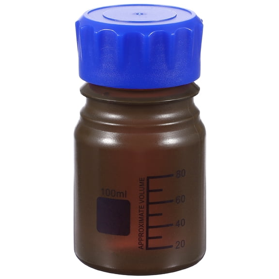 Uxcell 100ml Thickened Media Storage Bottles,1 Pcs PP Plastic Graduated Bottle with Blue Screw Cap for Lab Water Reagent Liquids, Brown(Round)