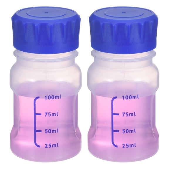 Uxcell 100ml Thickened Media Storage Bottles, 2 Pcs PP Plastic Graduated Reagent Bottle with Blue Screw Cap Leakproof for Lab Water Reagent Liquids, Transparent(Round)