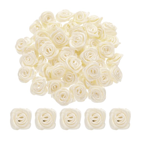 Uxcell 100 Pcs 0.6 inch Mini Ribbon Roses for DIY Crafts Sewing Artificial Fabric Flowers Beige