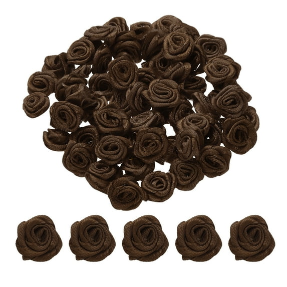 Uxcell 100 Pcs 0.6 inch Mini Ribbon Roses for DIY Crafts Sewing Artificial Fabric Flowers Dark Brown