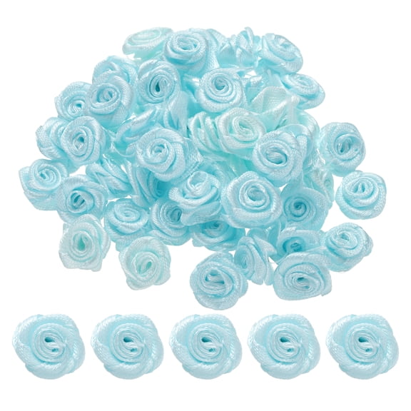 Uxcell 100 Pcs 0.6 inch Mini Ribbon Roses for DIY Crafts Sewing Artificial Fabric Flowers Light Blue