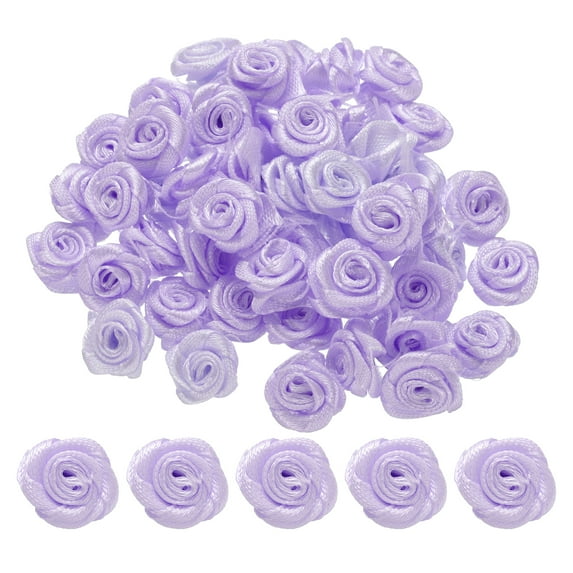Uxcell 100Pcs 1.5cm Mini Ribbon Roses for Crafts Artificial Fabric Flowers, Purple