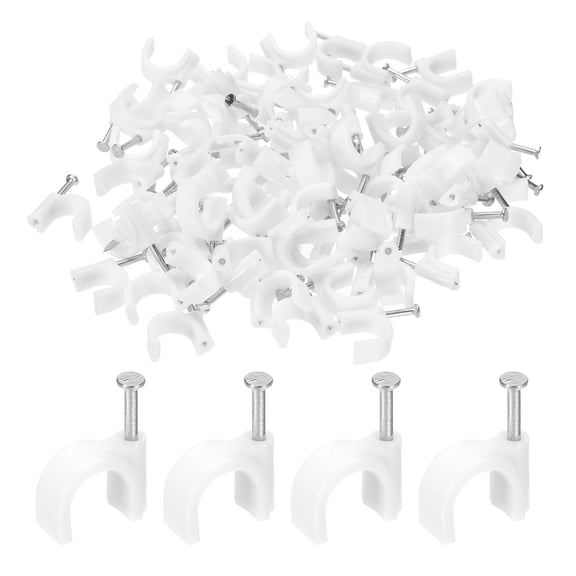 Uxcell 100pcs Cable Clips 10mm Half Clamp J-Hook with Nail Circular Single Nail in Cable Wire Clips on Wall for RG6 RG59 CAT6 RJ45 Ethernet Tacks Coax Pex Tubing Pipe Support, White