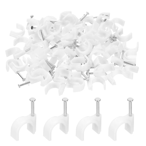 Uxcell 100pcs Cable Clips 12mm Half Clamp J-Hook with Nail Circular Single Nail in Cable Wire Clips on Wall for RG6 RG59 CAT6 RJ45 Ethernet Tacks Coax Pex Tubing Pipe Support, White