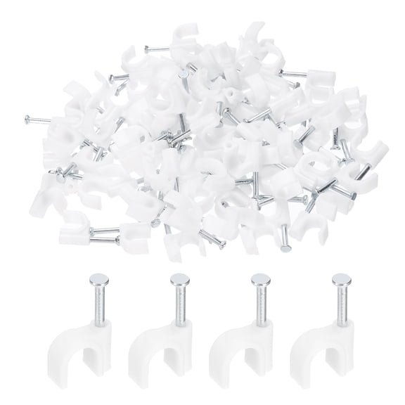 Uxcell 100pcs Cable Clips 7mm Half Clamp J-Hook with Nail Circular Single Nail in Cable Wire Clips on Wall for RG6 RG59 CAT6 RJ45 Ethernet Tacks Coax Pex Tubing Pipe Support, White