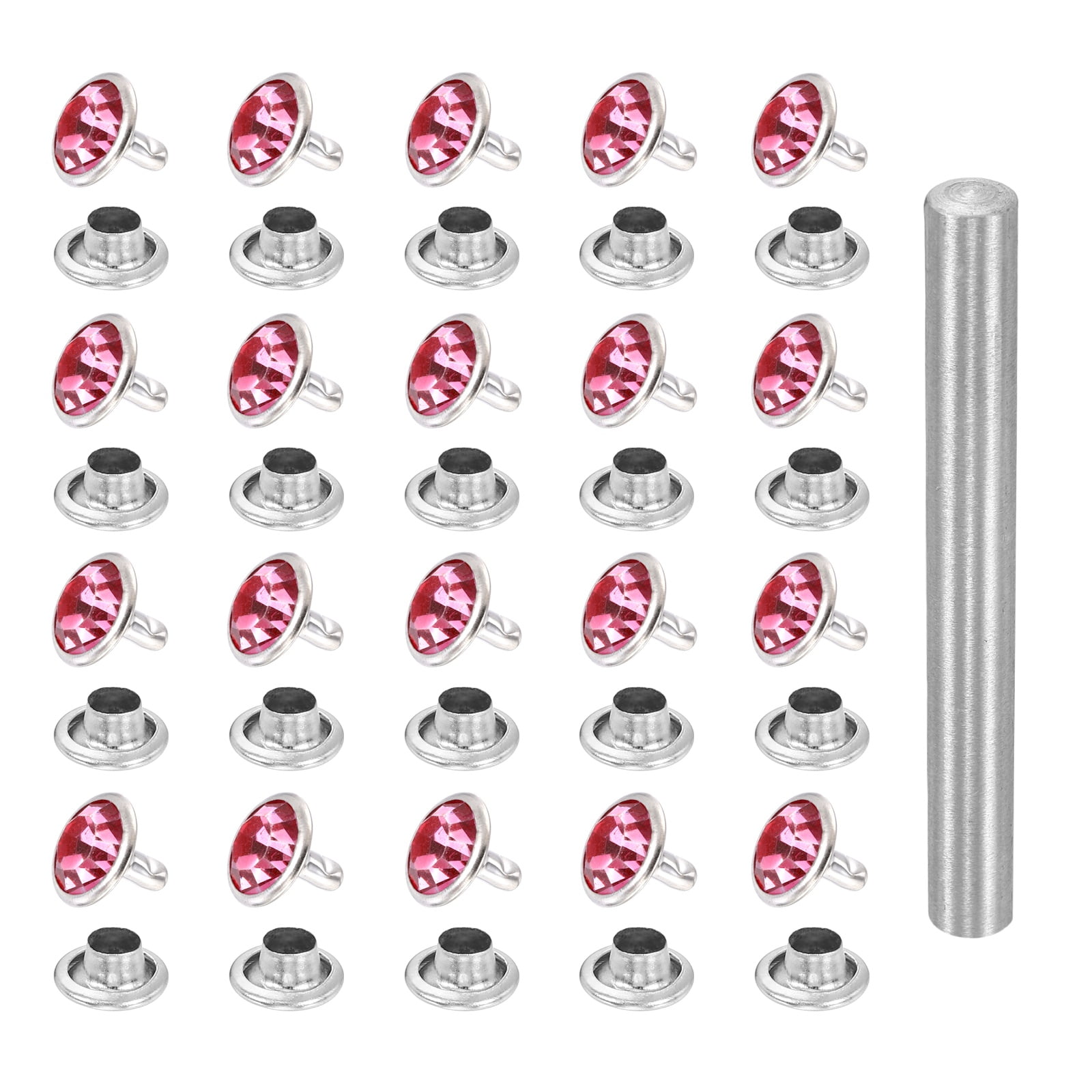 Uxcell 100pcs Crystal Rivets 10mm Rhinestone Rapid Stud Rivets with Steel Installation Tool for Clothing Leather Fabric Arts Crafts Decoration Leathercraft DIY, Silver Pink