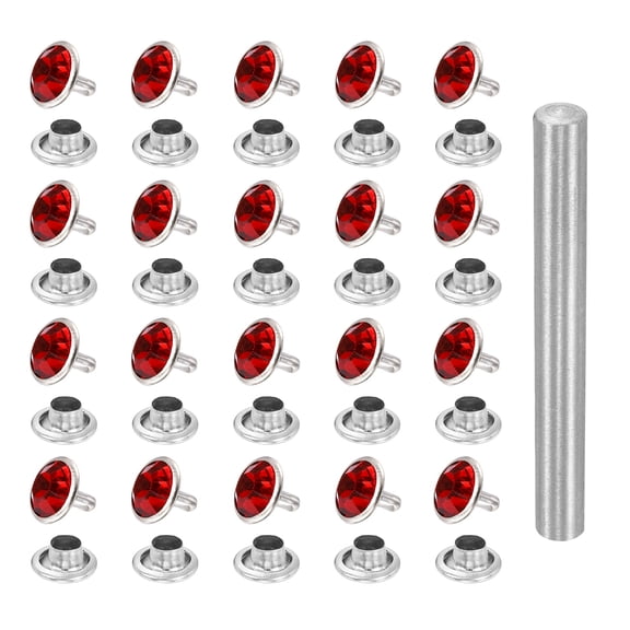 Uxcell 100pcs Crystal Rivets 10mm Rhinestone Rapid Stud Rivets with Steel Installation Tool for Clothing Leather Fabric Arts Crafts Decoration Leathercraft, Silver Red