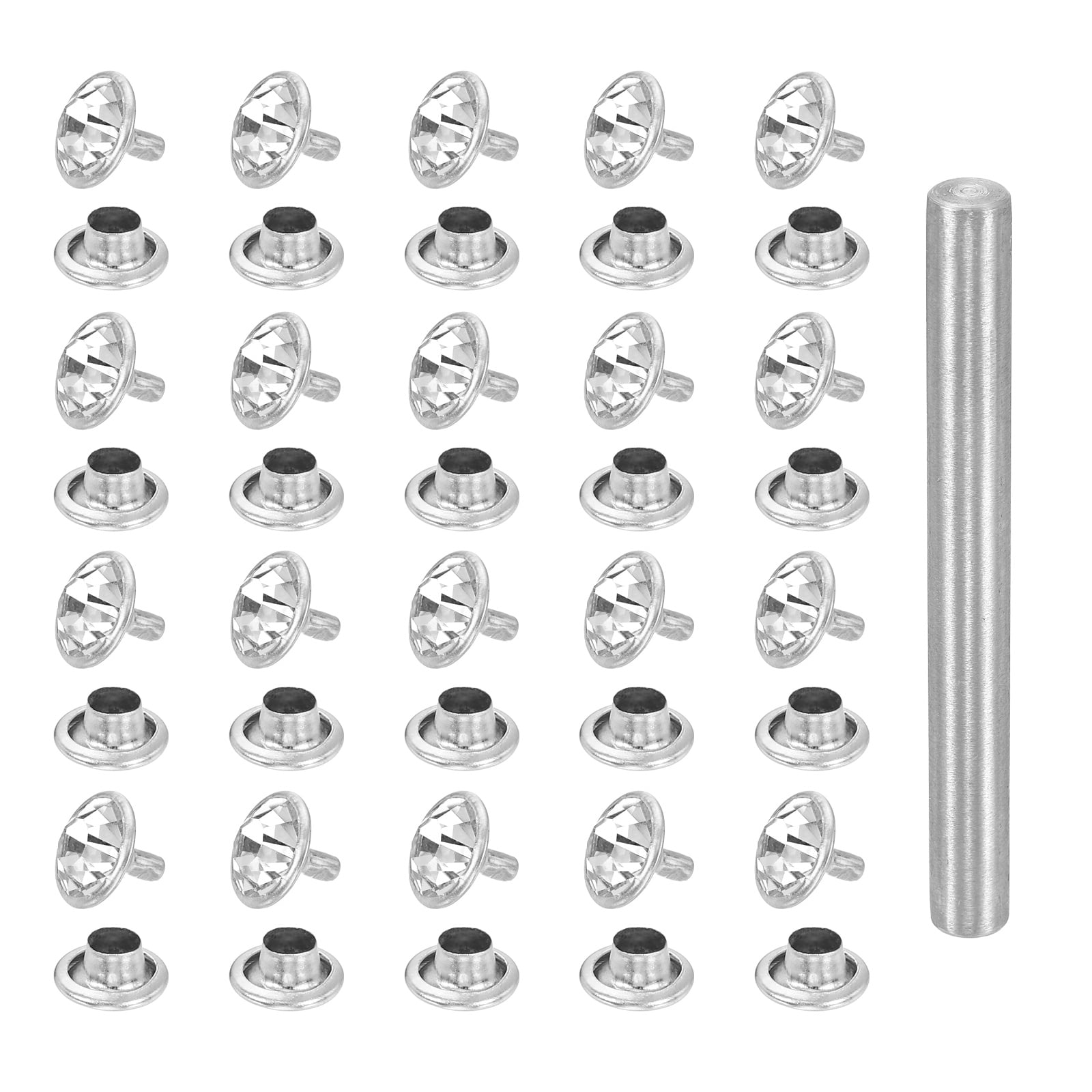 Uxcell 100pcs Crystal Rivets 11mm Rhinestone Rapid Stud Rivets with Steel Installation Tool for Clothing Leather Fabric Arts Decoration Leathercraft DIY, Silver Clear
