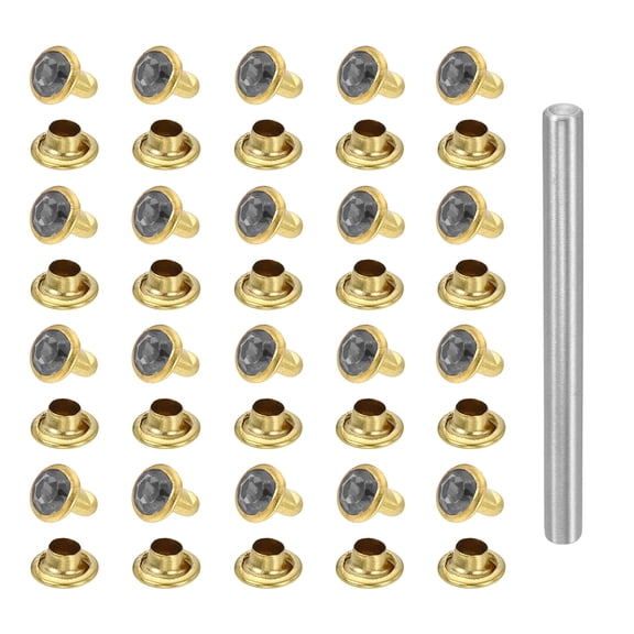 Uxcell 100pcs Crystal Rivets 6mm Rhinestone Rapid Stud Rivets with Steel Installation Tool for Clothing Leather Fabric Arts Decoration Leathercraft DIY, Gold Gray