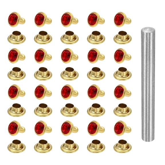 Uxcell 100pcs Crystal Rivets 6mm Rhinestone Rapid Stud Rivets with Steel Installation Tool for Clothing Leather Fabric Arts Decoration Leathercraft DIY, Gold Red
