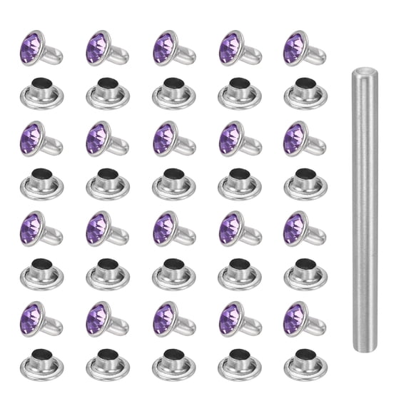 Uxcell 100pcs Crystal Rivets 6mm Rhinestone Rapid Stud Rivets with Steel Installation Tool for Clothing Leather Fabric Arts Decoration Leathercraft DIY, Silver Purple