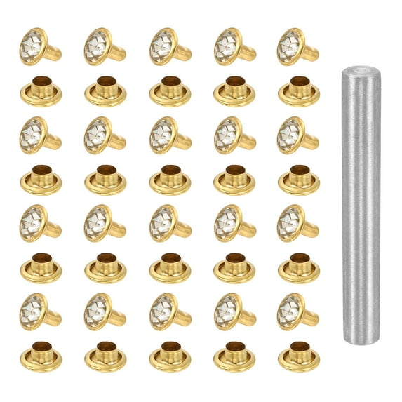 Uxcell 100pcs Crystal Rivets 7mm Rhinestone Rapid Stud Rivets with Steel Installation Tool for Clothing Leather Fabric Arts Decoration Leathercraft DIY, Gold White