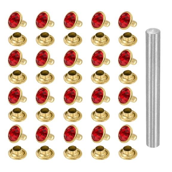 Uxcell 100pcs Crystal Rivets 8mm Rhinestone Rapid Stud Rivets with Steel Installation Tool for Clothing Leather Fabric Arts Crafts Decoration Leathercraft, Gold Red