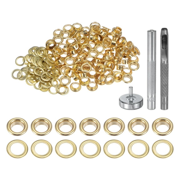 Uxcell 100pcs Grommet Tool Kit 5mm Grommet Eyelet Set with Hole Hollow Punch, Grommet Setter Tools, Gold Tone