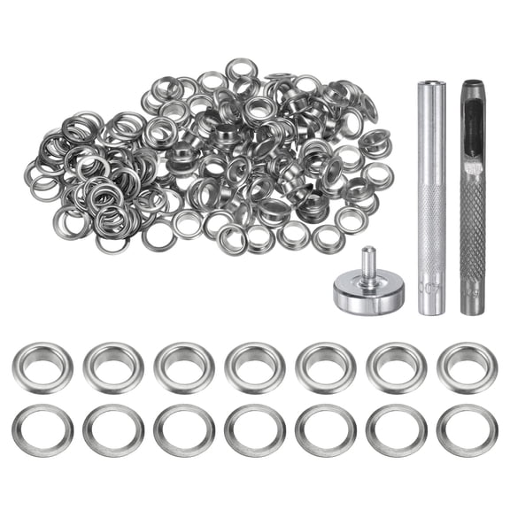 Uxcell 100pcs Grommet Tool Kit 6mm Grommet Eyelet Set with Hole Hollow Punch, Grommet Setter Tools, Silver Tone