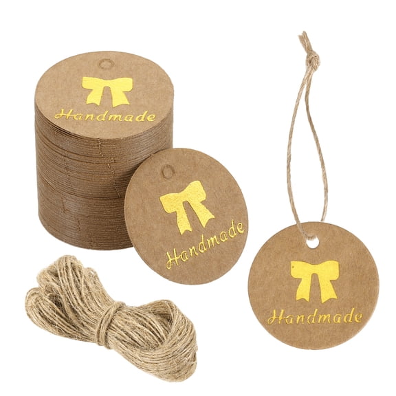 Uxcell 100pcs Handmade Gift Tags (1 Inch) - Round Paper Tags Gold Foil Letter Labels with String, for DIY Crafts Wedding Birthday Party Gift Wrapping Favours, Brown