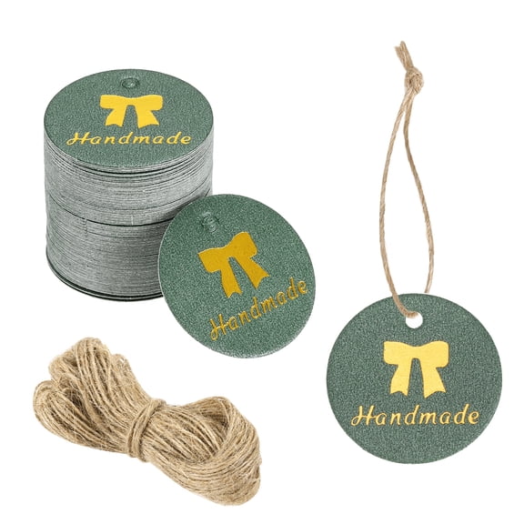 Uxcell 100pcs Handmade Gift Tags (1 Inch) - Round Paper Tags Gold Foil Letter Labels with String, for DIY Crafts Wedding Birthday Party Gift Wrapping Favours, Green