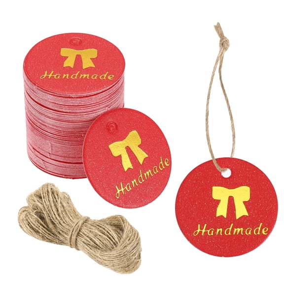 Uxcell 100pcs Handmade Gift Tags (1 Inch) - Round Paper Tags Gold Foil Letter Labels with String, for DIY Crafts Wedding Birthday Party Gift Wrapping Favours, Red