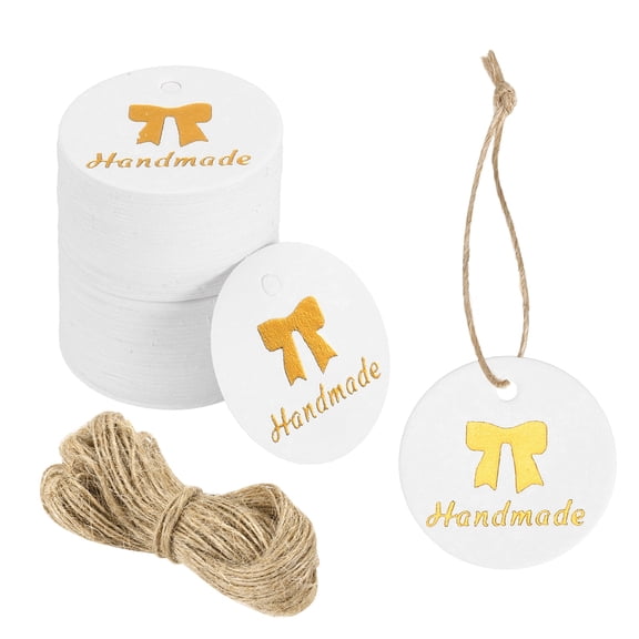 Uxcell 100pcs Handmade Gift Tags (1 Inch) - Round Paper Tags Gold Foil Letter Labels with String, for DIY Crafts Wedding Birthday Party Gift Wrapping Favours, White