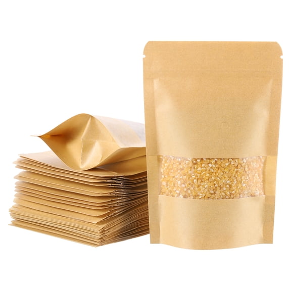 Uxcell 100pcs Kraft Stand Up Pouches, 4.7 x 8" Resealable Kraft Paper Zip Seal Food Storage Bags Multipurpose Bulk Packing Bags with Matte Window for Dried Fruit Nut Coffee Tea