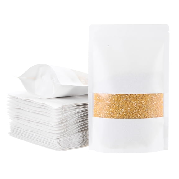 Uxcell 100pcs Kraft Stand Up Pouches, 5.5 x 8" White Resealable Kraft Paper Zip Seal Food Storage Bags Multipurpose Bulk Packing Bags with Matte Window for Dried Fruit Nut Coffee Tea