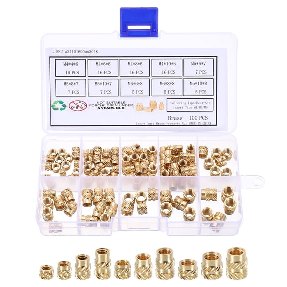 Uxcell 100pcs M4 M5 M6 Metric Threaded Inserts Brass Heat Set Insert Knurled Nuts Assortment Kit, 3D Printing Brass Nuts Female Threaded Inserts Nuts with Heat Set Insert Tips