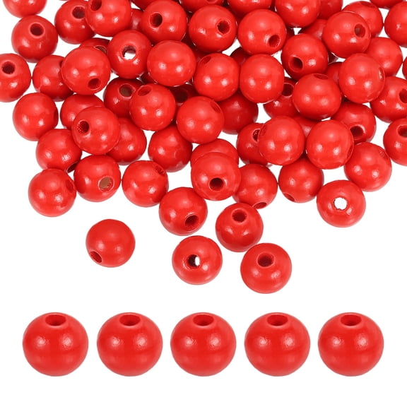 Uxcell 100pcs Red Colored Wooden Beads 12mm Dia. 3.3mm Hole Large Round Natural Dyed Wood Loose Spacer Ball Bulk for DIY Bead Crafts Making Home Decor