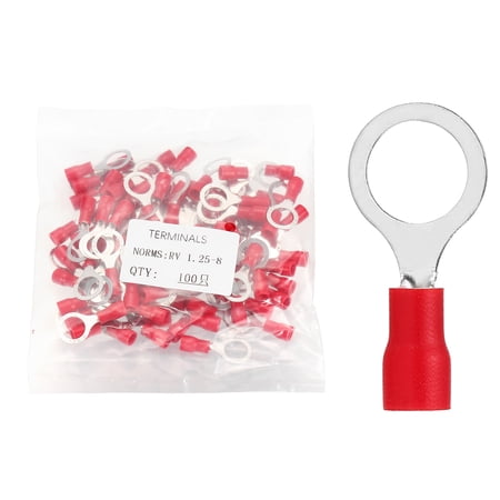 Uxcell 100pcs Terminals Ring Connectors #5/16" Tinned Copper Insulated Ring Crimp Terminals 22-16 Gauge for Electrical Industrial Chemical Project, Red