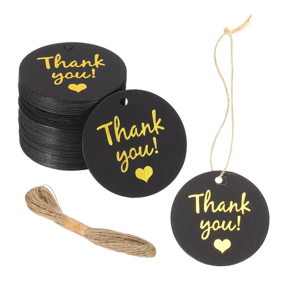 Uxcell 100pcs Thank You Gift Tags (1.6 Inch) - Round Paper Tags Gold Foil Letter Labels with String, for DIY Crafts Wedding Birthday Party Gift Wrapping Favours, Black