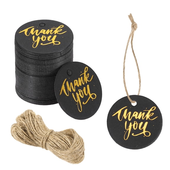 Uxcell 100pcs Thank You Gift Tags (1 Inch) - Round Paper Tags Gold Foil Letter Labels with String, for DIY Crafts Wedding Birthday Party Gift Wrapping Favours, Black