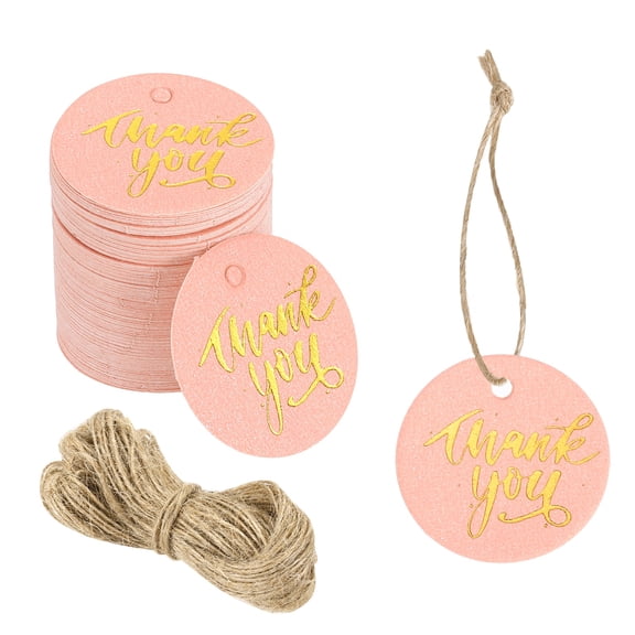 Uxcell 100pcs Thank You Gift Tags (1 Inch) - Round Paper Tags Gold Foil Letter Labels with String, for DIY Crafts Wedding Birthday Party Gift Wrapping Favours, Pink