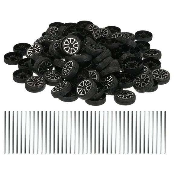 Uxcell 100pcs Toy Car Wheels, 30mmx9mm Plastic Roll and 2mmx50mm Shaft Round Rod Axles for DIY RC Car Model Part, Black