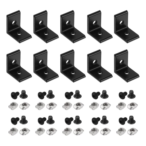 Uxcell 10Pcs 2 Hole Inside Corner Bracket, L Bracket Connector for 2020B Aluminum Extrusion Profile 6.2mm T-Slot with Nuts Screws for Furniture, Framing Structures, Black
